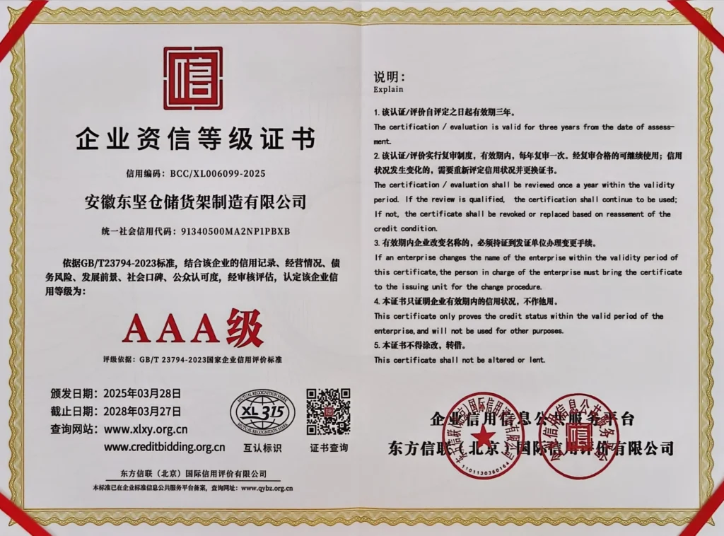 Anhui Dongjian Enterprise Credit Rating Certificate