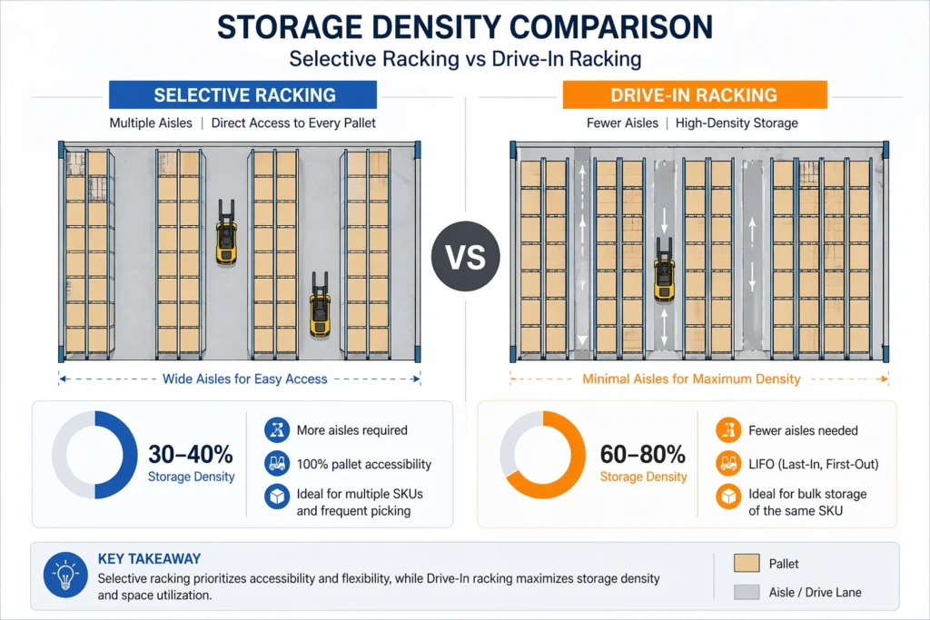 warehouse storage density comparison selective vs drive in racking