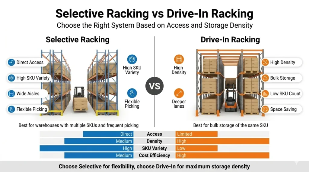 selective vs drive in pallet racking comparison infographic