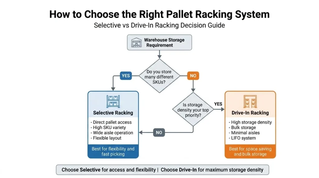 how to choose selective or drive in pallet racking diagram