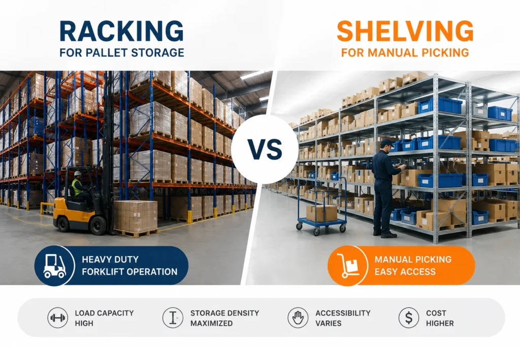 racking vs shelving overview infographic