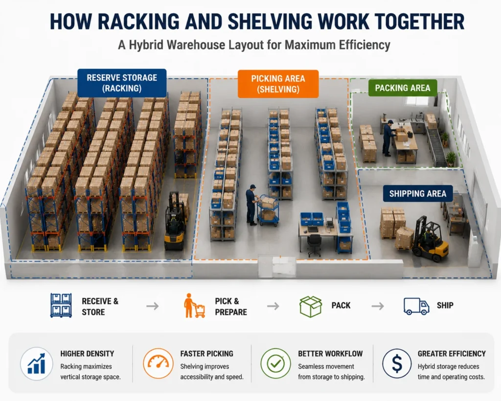 racking vs shelving operation comparison infographic