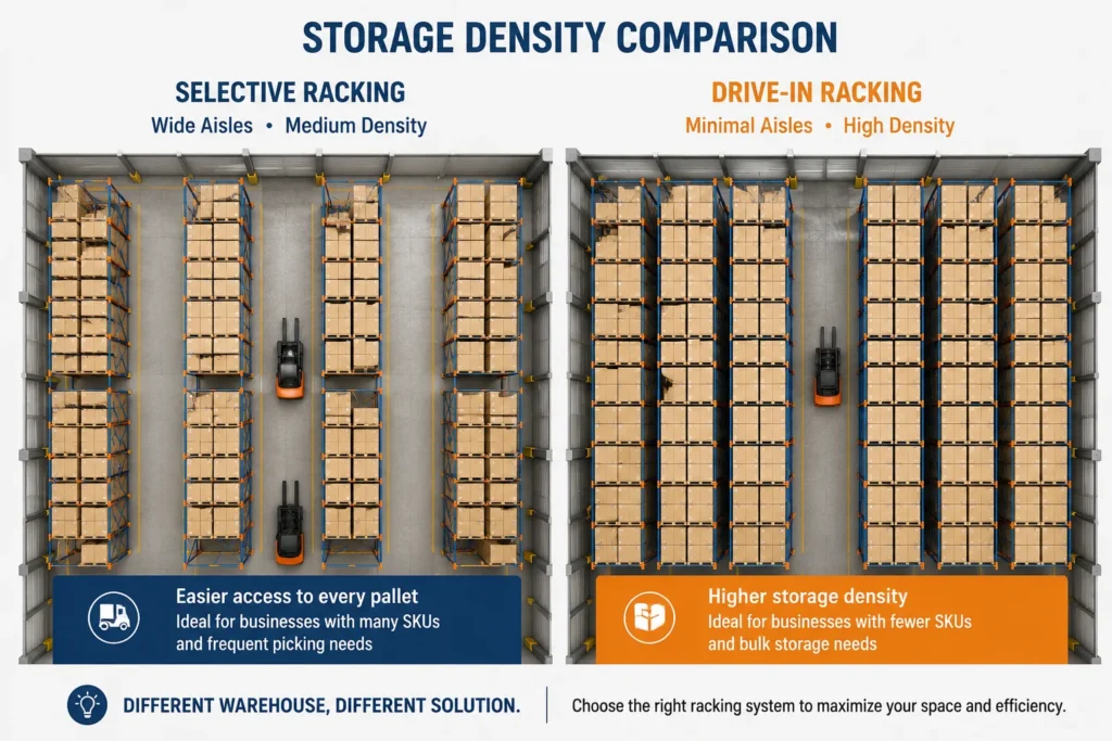 warehouse storage density comparison selective vs drive in racking