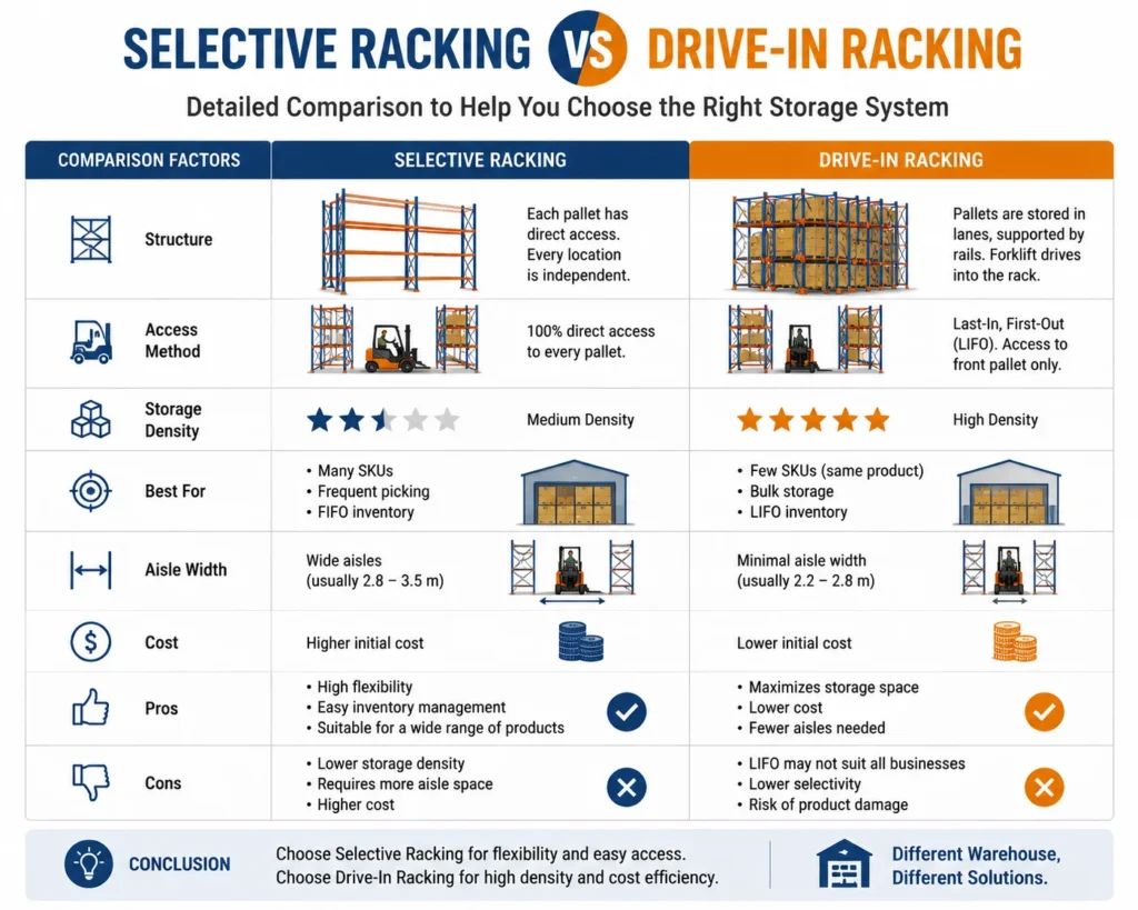 warehouse application scenarios selective vs drive-in racking